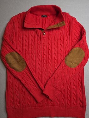 Jmierr Red Cable-Knit Zip-Front Sweater with Brown Elbow Patches XL
